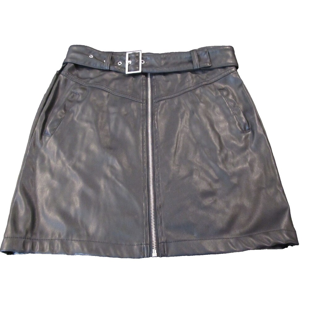 New Look Black Faux Leather Zip Front Belted Mini Skirt Women’s Medium Pre‑Owned